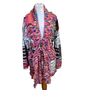 POL 1980'S PATCHWORK BELTED FRINGE KNIT CARDIGAN SWEATER SZ M